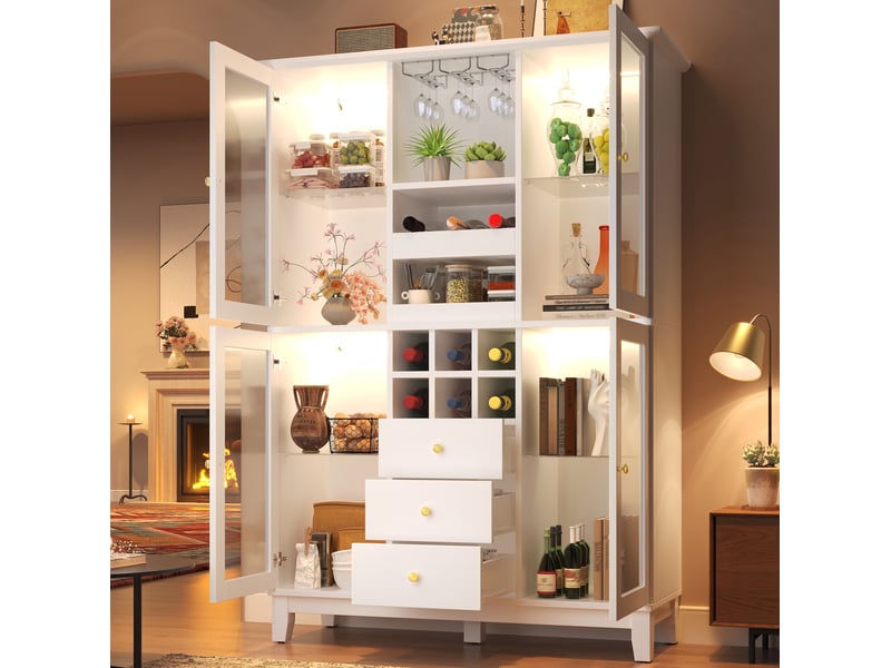 Armoire à vin 120x40x180,5 cm avec led rgb, 3 tiroirs et range-verres, blanc - Conforama B