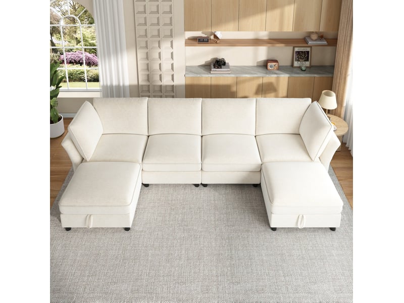  Canapé d'angle modulaire 6 places en tissu beige avec 2 poufs de rangement, composition libre en u ou l  - Conforama E