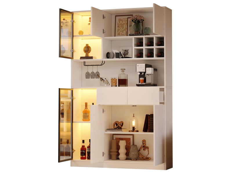  Vitrine haute 120x33x200 cm 6 portes 2 tiroirs led panneau de particules blanc  - Conforama A