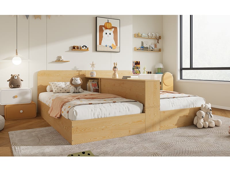 Lit double enfant en bois naturel 2 x 90 x 200 cm, séparation centrale et étagères accessibles des deux côtés - Conforama B