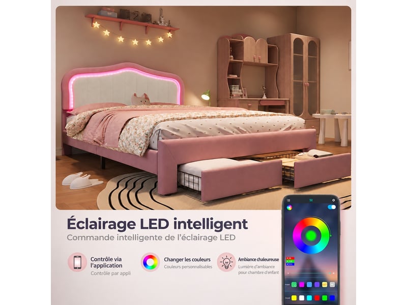 Lit enfant 140x200 cm rembourré - lit coffre - avec led réglable - avec tiroir de rangement - rose - Conforama D