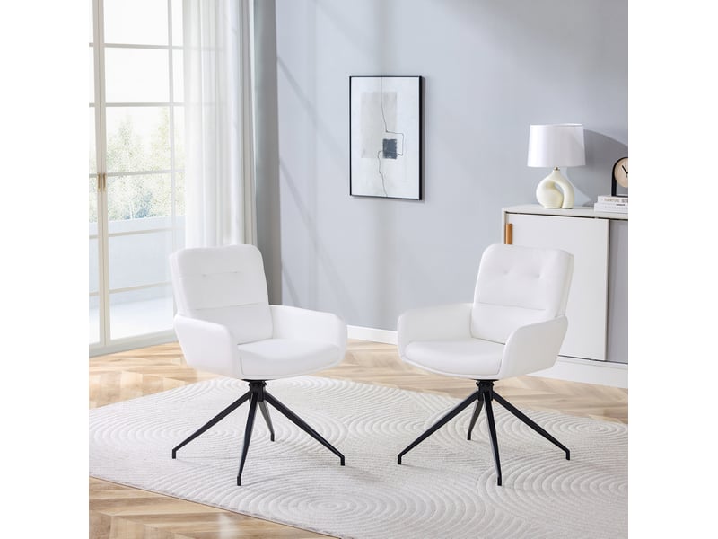 Chaise de salle à manger pivotante lot de 2 avec accoudoirs et dossier capitonné en pu blanc et métal noir  - Conforama B