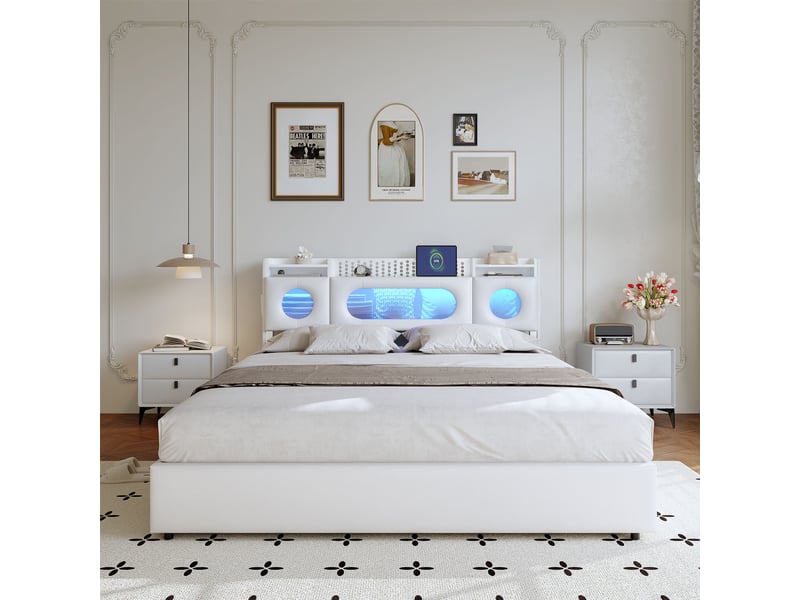  Lit coffre 140x200 cm - pu blanc - sommier à lattes - lit double - tête de lit avec led et ports usbtype-c  - Conforama B