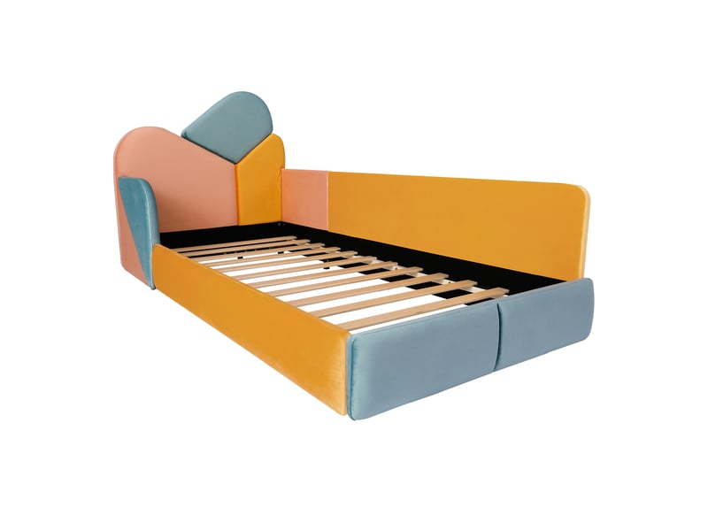  Lit enfant capitonné 90x200 cm, lit simple multicolore avec barrières de sécurité latérales, lit à fond souple avec tête de lit rembourrée et protection anti-chute pour chambre d'enfant  - Conforama E