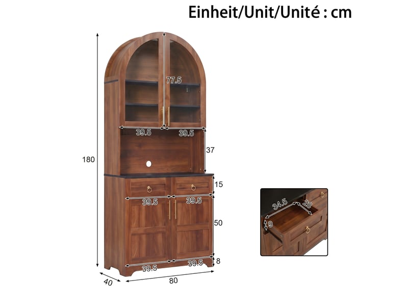  Buffet haut 80x40x180 cm avec led, prises usb et rangements, noyer  - Conforama C
