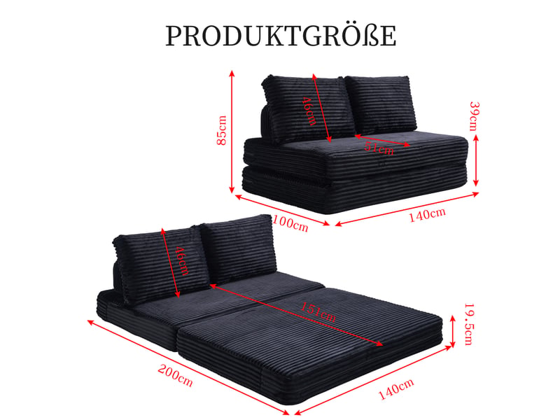  Canapé convertible 2 places 140x100x85 cm noir en velours côtelé, dossiers amovibles, sans accoudoirs  - Conforama C