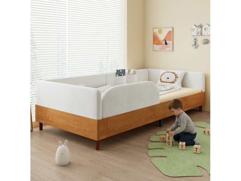 Lit simple 90x200 cm en velours blanc et bois avec 2 poches de rangement - Conforama E