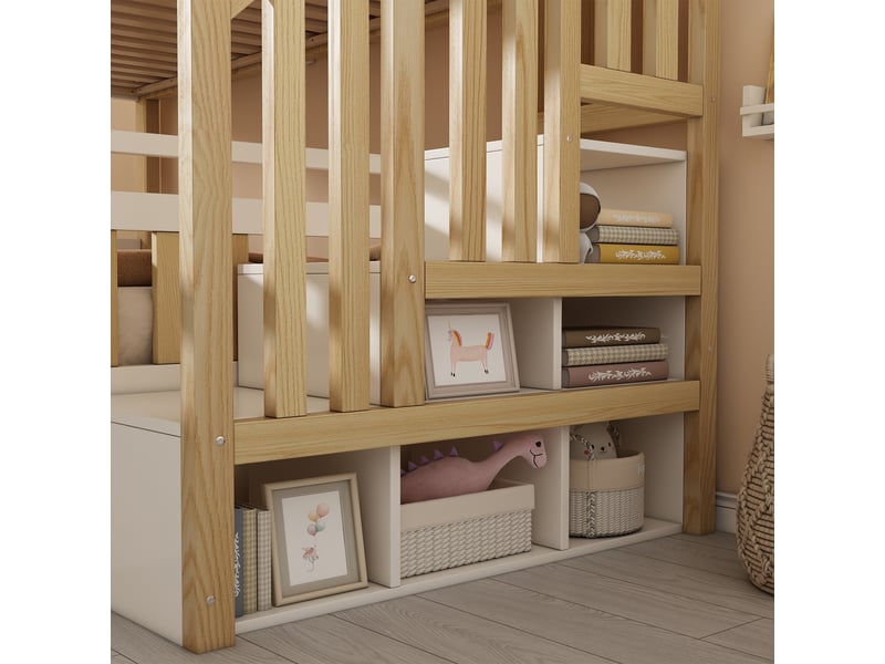  Lit superposé enfant cabane 90x200 cm et 140x200 cm avec rangement escalier coffre hydraulique blanc et bois massif  - Conforama E