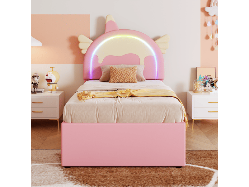  Lit enfant thème licorne 90x200cm avec lit gigogne extractible, revêtement en polyuréthane rose  - Conforama B