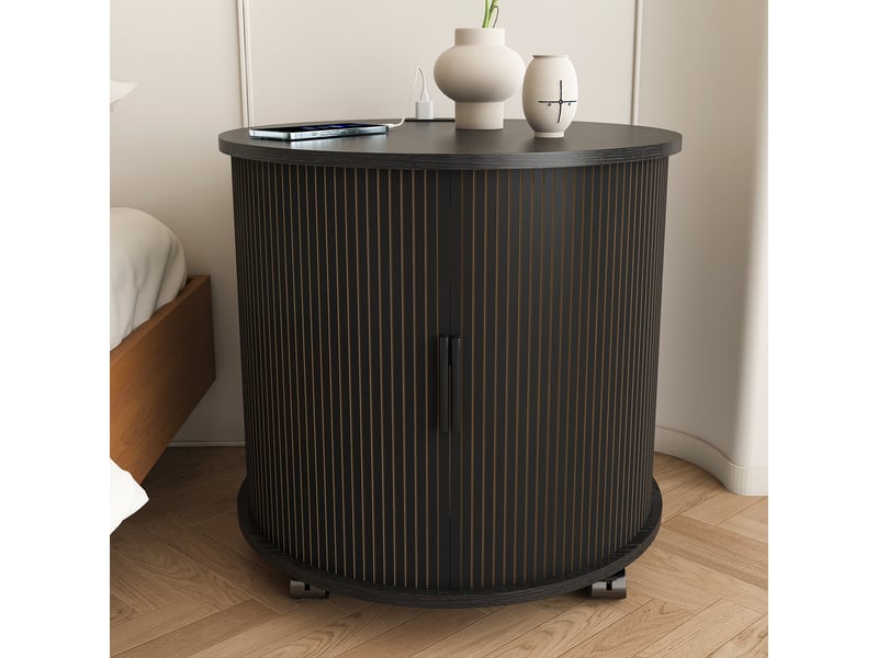  Meuble nuit rond 60x60x60 cm, table de chevet compacte avec tiroir intégré et prise électrique, design mid-century  - Conforama B
