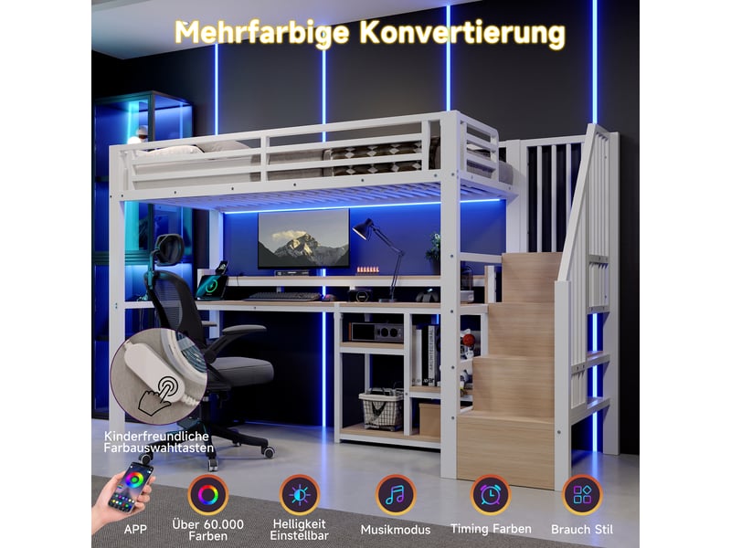  Lit mezzanine 90×200 cm avec échelle-rangement, led, usb et type-c, métal et mdf blanc sans matelas  - Conforama C