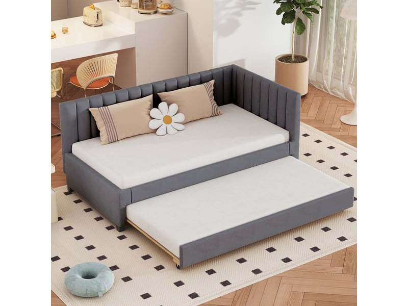  Lit convertible en velours gris 90x200 cm  - Conforama D
