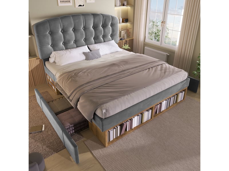  Lit double rembourré 140 x 200 cm avec tiroirs, rangements et tête de lit réglable, velours gris, sommier à lattes Fay Lum - Conforama D