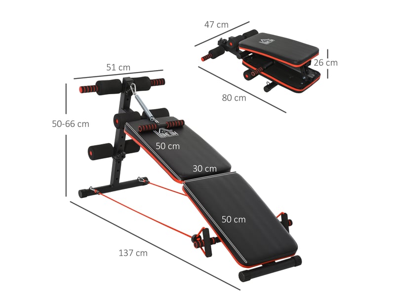 Banc de musculation pliable 137 x 51 x 50-66 cm noir et rouge en acier, réglable avec cordes de traction - Conforama C