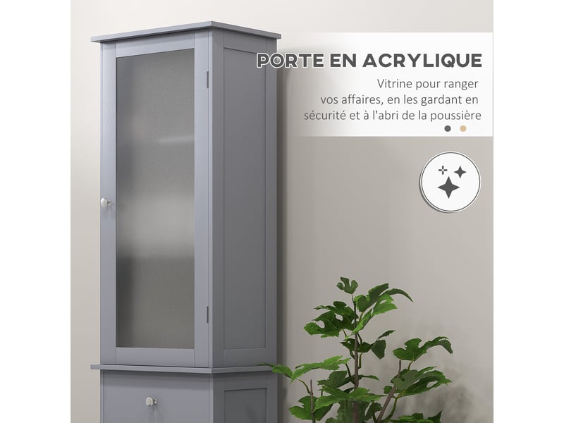  Meuble colonne de salle de bain placard porte acrylique 2 étagères porte placard 1 étagère tiroir mdf gris  - Conforama E