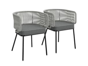 Lot de 2 fauteuils de jardin, dossier et accoudoirs en corde résine tressée, coussins amovibles, 46x58x72cm, gris clair