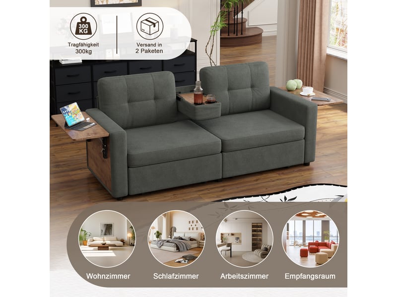 Canapé modulable 2 places avec 2 tiroirs,178x71x57.5cm,assise réglable,tablette ordinateur,porte-gobelets,tissu chenille,gris foncé - Conforama D