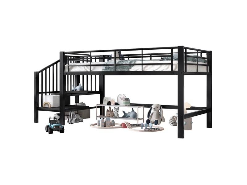  Lit mi-hauteur 90 x 200 cm marche avec rangement intégré 79,5 cm sous-lit lattes incluses mdf et métal noir sans matelas  - Conforama A