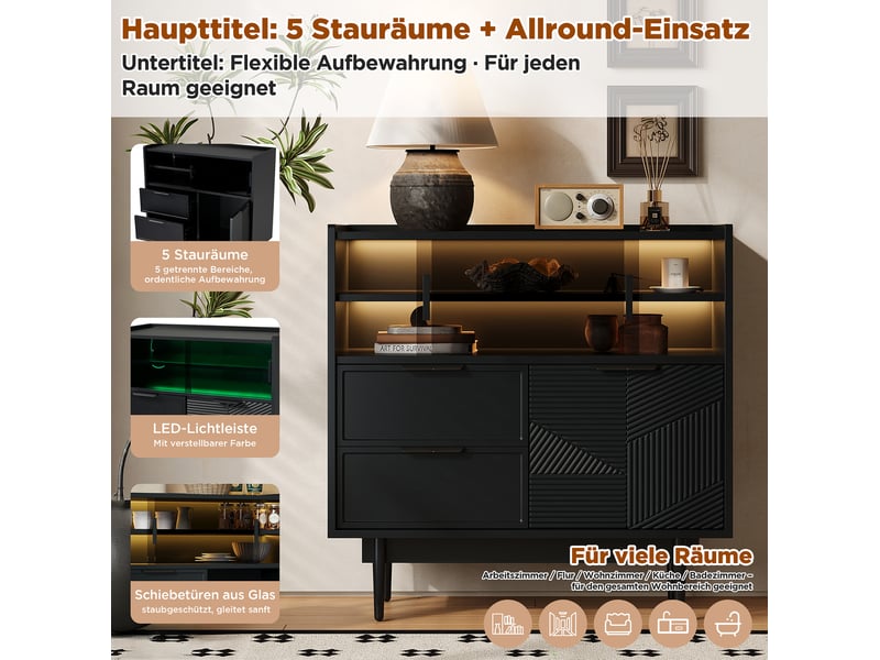  Meuble de salle de bain 80 x 35 x 80 cm – noir – rangement moderne avec porte vitrée, tiroirs et led  - Conforama E