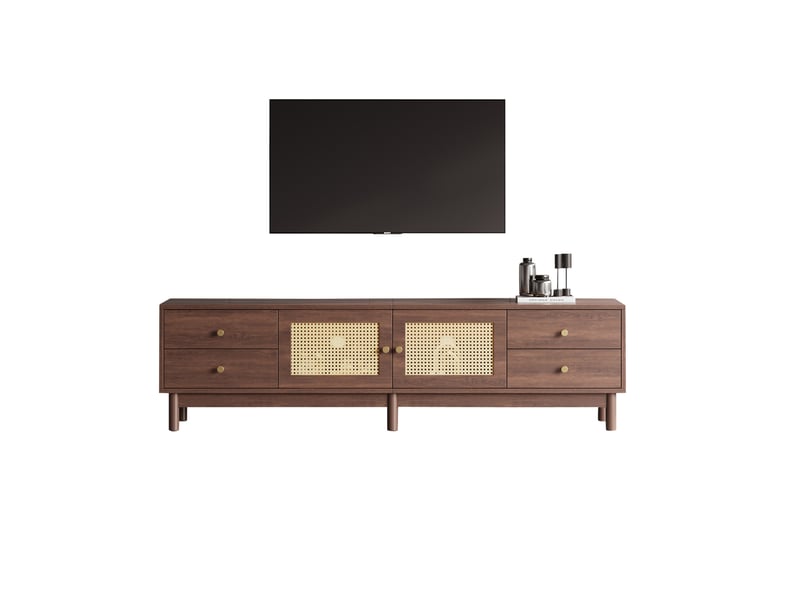  Meuble tv 180x35x44 cm, 2 portes à motif en rotin et 4 tiroirs, panneaux de particules marron  - Conforama A