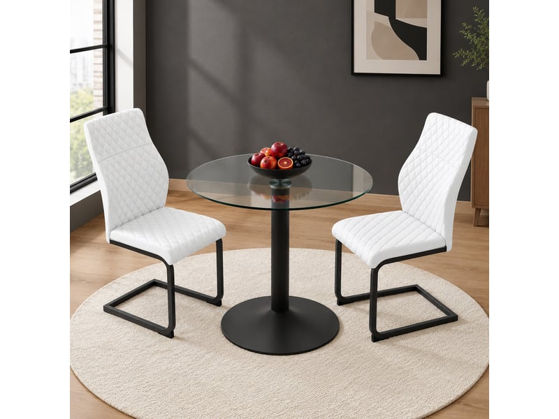 Ensemble table et chaises avec 1 table ronde et 2 chaises - verre, métal et pu - noir, transparent, blanc - Conforama C