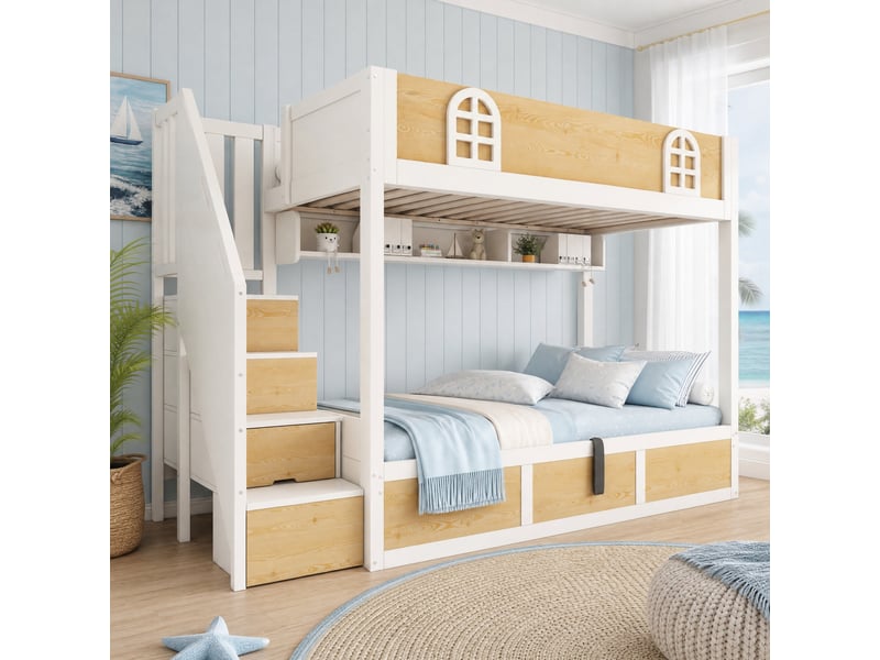  Lit superposé enfant 2 couchages 90x200 cm avec escalier de rangement, blanc et naturel  - Conforama C