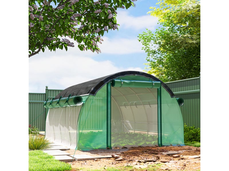  Serre tunnel de 4 x 3 x 2 m avec filet de protection solaire, parois latérales enroulables, bâche en plastique, structure en acier, verte  - Conforama D