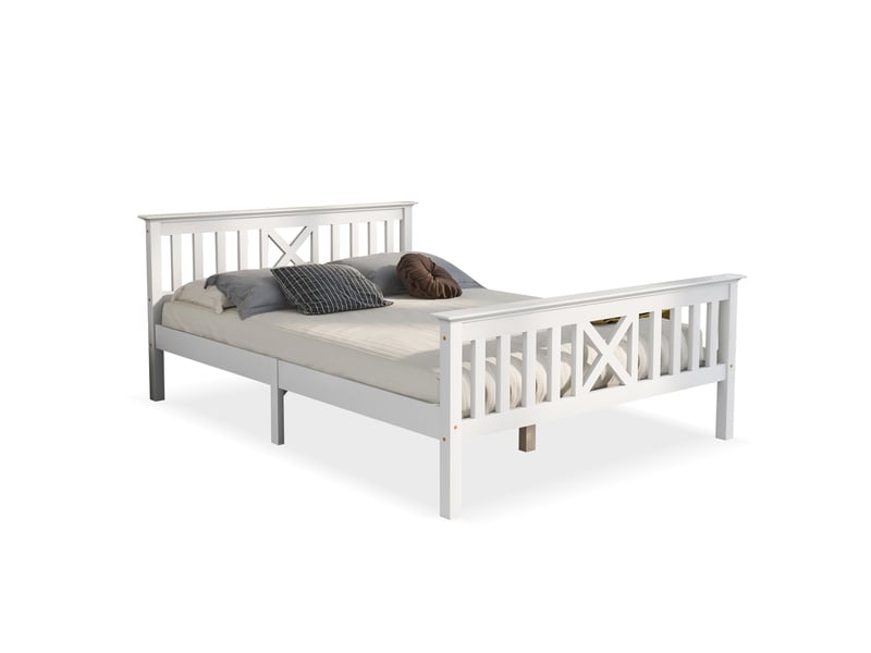 Lit 140x200 cm en bois massif, lit double en pin avec tête de lit, sommier à lattes, design naturel blanc  - Conforama A