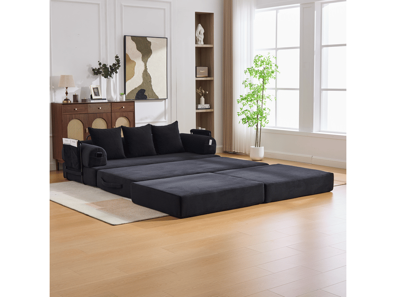 Canapé modulaire 3 places en velours côtelé noir avec pouf, coussins et poche latérale, confort contemporain - Conforama B