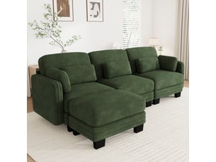 Canapé d’angle modulable 253 cm 3 places avec pouf, coussins d’accoudoir amovibles, coussins lombaires épais à soutien renforcé, chenille, vert