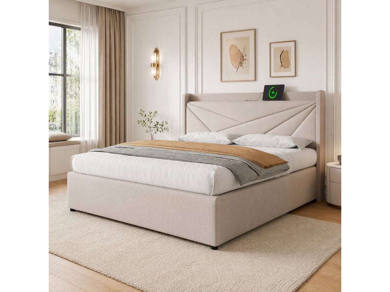  Lit coffre double 160x200 cm beige avec sommier, usb et port type-c, sans matelas  - Conforama B