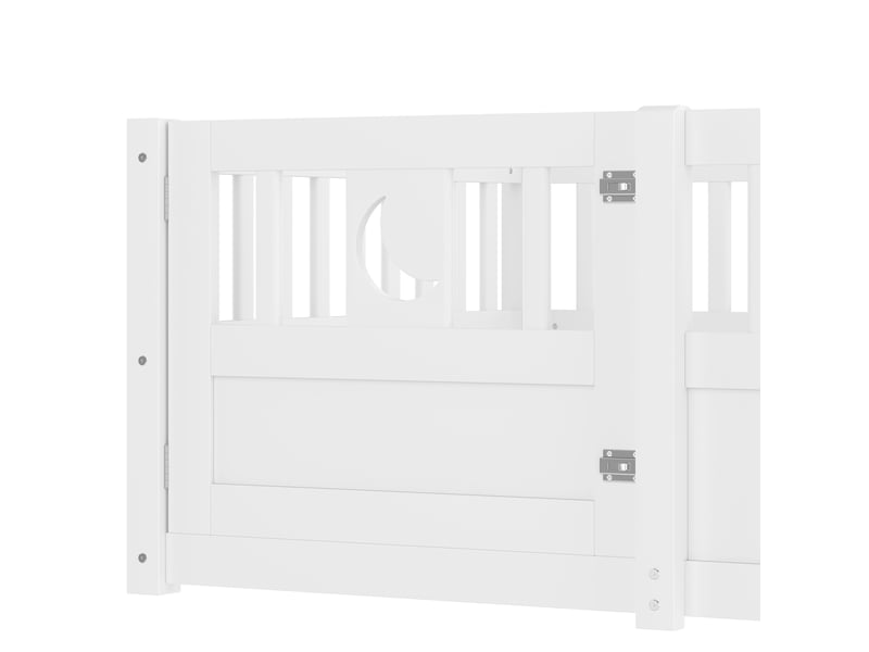  Lit enfant 90 x 190 cm avec barrières, portillon verrouillable et décor étoiles et lune, sans sommier à lattes, pin et contreplaqué, blanc Fay Lum - Conforama D