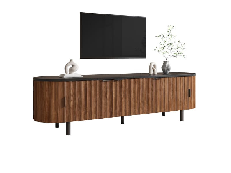  Meuble tv de salon 170x40x47 cm avec 5 portes rainurées, passe-câbles, structure en mdf, coloris noyer, design moderne  - Conforama A