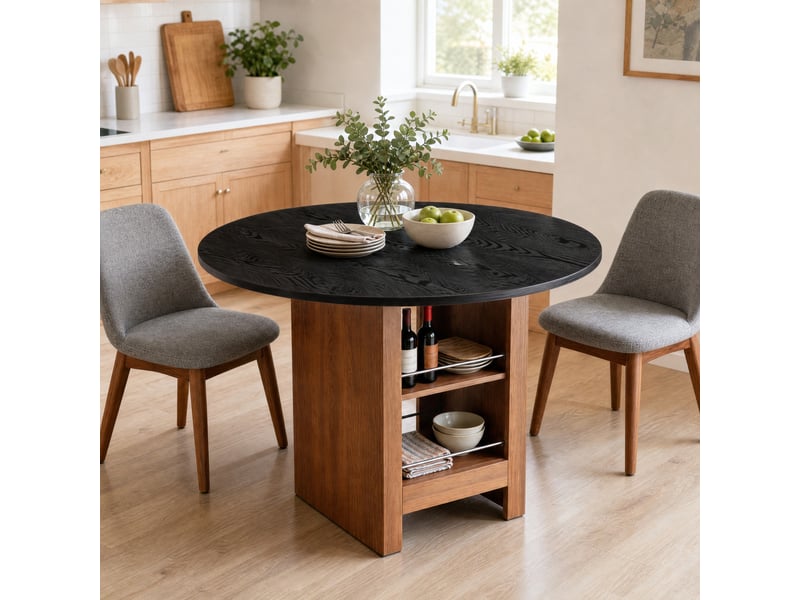  Table de salle à manger ronde, 100x100x76 cm, moderne avec espace, plateau mdf, piètement métal, coloris noir et noyer  - Conforama B