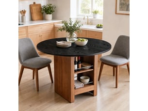 Table de salle à manger ronde, 100x100x76 cm, moderne avec espace, plateau mdf, piètement métal, coloris noir et noyer