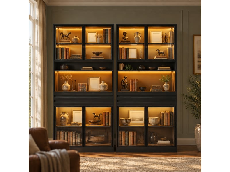  Vitrine 4 portes en verre, 1 tiroir et éclairage led rgb par application pour salon, en mdf noir, 80 × 35 × 200 cm  - Conforama B