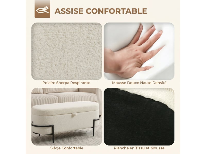 Banc de rangement, crème, banc coffre de rangement en tissu bouclette avec couvercle relevable et pieds en acier  - Conforama R