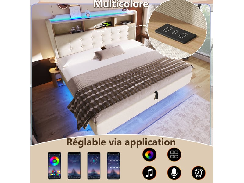  Lit avec led 180 × 200 cm 2 places avec coffre hydraulique, usb, type-c et rangement, sans matelas, beige  - Conforama E