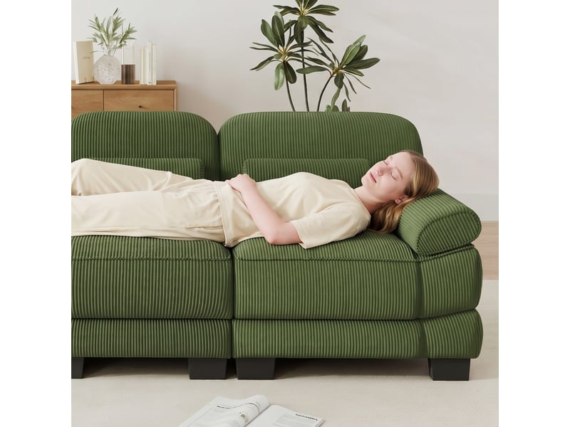 Canapé droit modulable 336 cm 4 places, design carré épuré, base et accoudoirs à matelassage en canaux, coussin lombaire, velours côtelé, vert - Conforama C