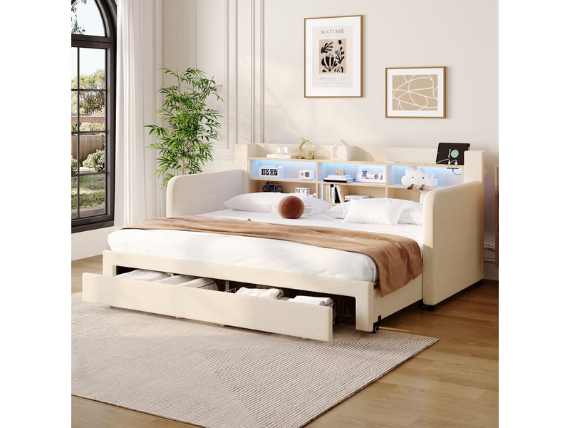 Lit banquette extensible 90x200 cm, lit de jour rembourré, tiroirs, led, tête de lit rangement, velours (sans matelas), blanc cassé CozyNest - Conforama D