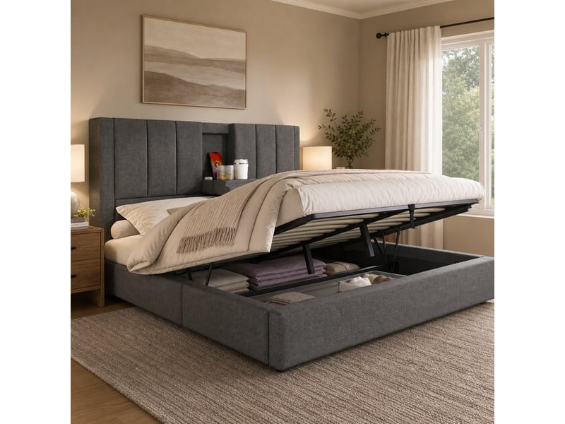 Lit coffre tcqpz 180 x 200 cm avec porte-gobelet dissimulé et station de charge usb type-c gris - Conforama B