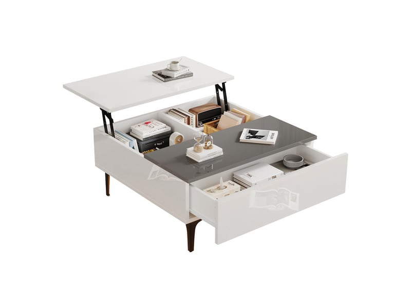  Table basse plateau relevable 70x70 cm blanc brillant avec éclairage led et espace de rangement caché  - Conforama A