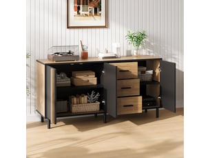 Buffet salon noir et bois 140 cm, commode 3 portes 3 tiroirs, meuble de rangement en mdf