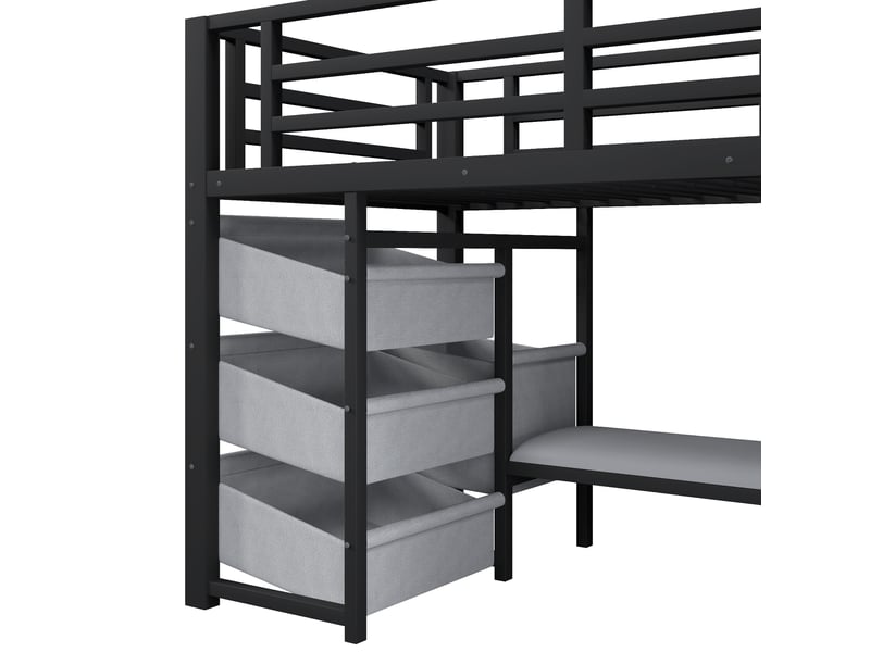 Lit simple mi-hauteur 200×90 cm avec rangements en tissu, éclairage led et coussin d’assise, sans matelas, en métal noir et blanc - Conforama E