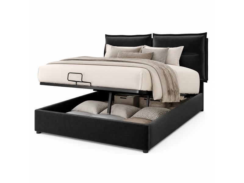  Lit coffre tcqpz 140 x 200 cm avec tête de lit réglable velours noir  - Conforama A
