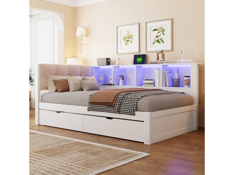  Lit banquette,90x200 cm,avec tiroirs, étagères, led réglable et usb,blanc  - Conforama B