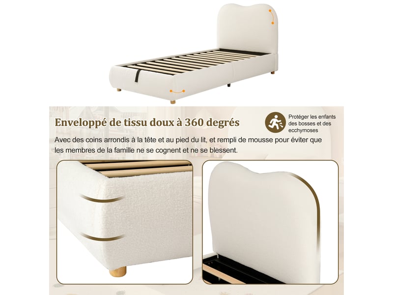  Lit coffre enfant 90x200 cm avec grand rangement hydraulique intégré et tête de lit, bouclé, beige, sans matelas  - Conforama D