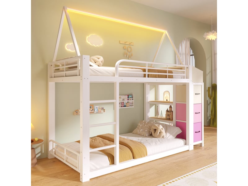 Lit mezzanine 90 x 200 cm – avec étagères de rangement – avec tiroirs en tissu – avec ruban lumineux led – blanc (matelas non inclus) - Conforama E