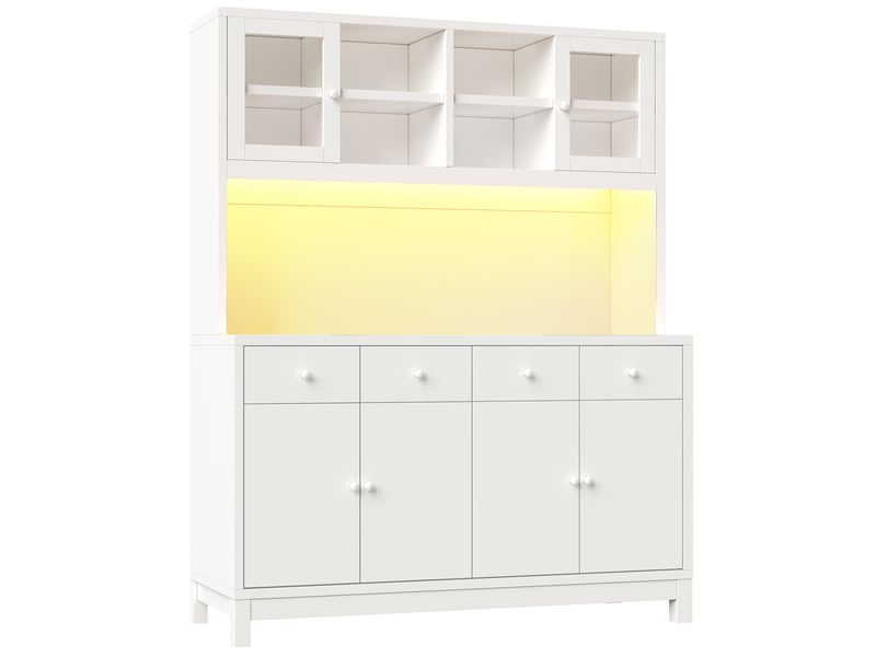 Buffet de cuisine haut 140x180 cm, 4 tiroirs, portes vitrées, mdf blanc, rangement cuisine moderne - Conforama A