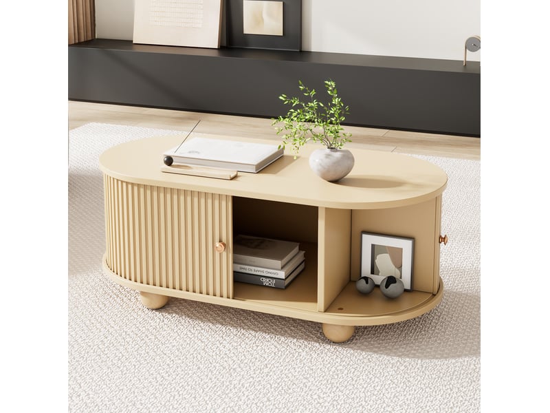  Table basse ovale avec portes coulissantes et grand rangement, style industriel pour salon moderne, 100 × 50 × 40 cm  - Conforama C